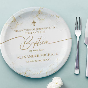 Modern Thank You Blue Gold Cross Boy Baptism Paper Plate