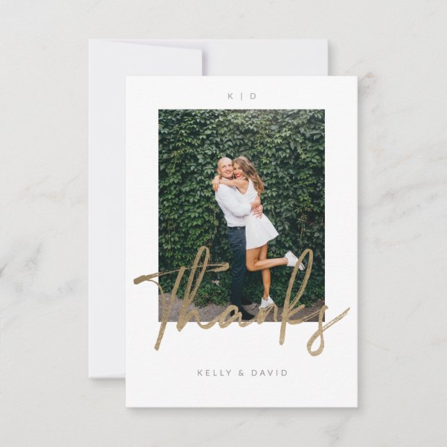 Modern Thank You Brush Script Wedding Photo Card (Front)