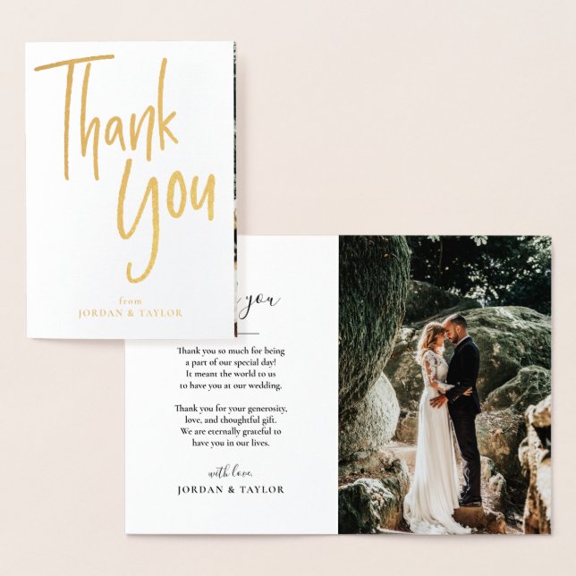 Modern Thank You Hand Lettered Wedding Photo Gold Foil Card (Display)
