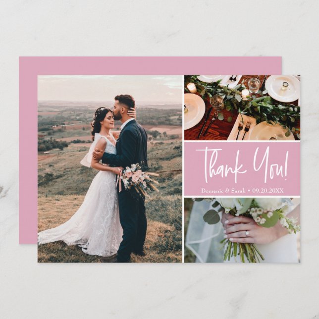 Modern Thank You script Blush Pink Wedding Card (Front/Back)