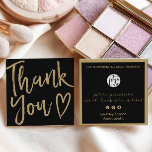 Modern thank you script order gold black square business card