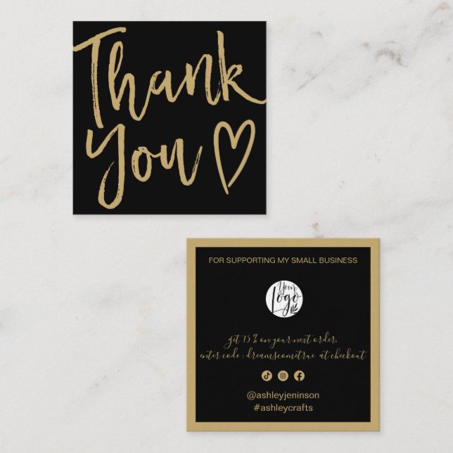 Modern thank you script order gold black square business card (Front/Back)