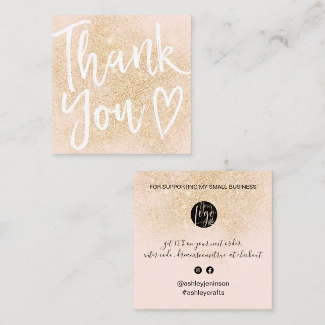 Modern thank you script order gold blush pink square business card (Front/Back)