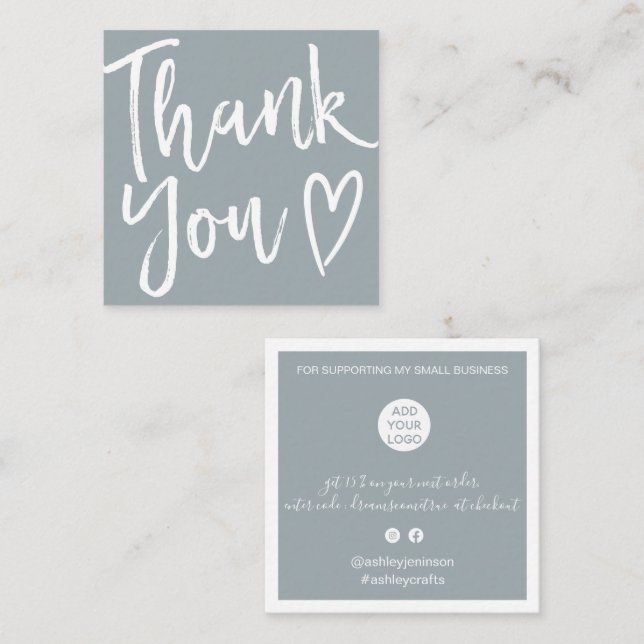 Modern thank you script order minimal dusty blue square business card (Front/Back)