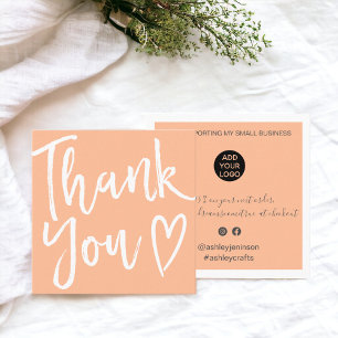 Modern thank you script order minimal peach square business card