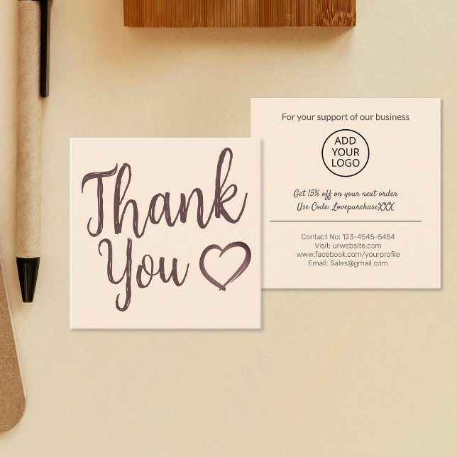 Modern thank you script order Natural Cream Square Business Card (Creator Uploaded)