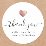 Modern Thank You Script Rose Gold Heart Wedding Classic Round Sticker<br><div class="desc">This modern chic printed rose gold heart thank you gift sticker features hand-lettered script calligraphy alongside your names in elegant serif typography. Space for an additional personalized message on the back.</div>