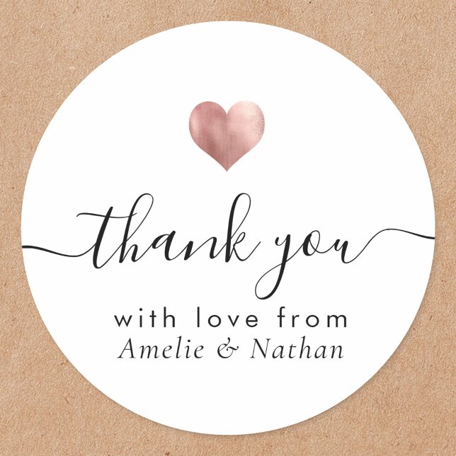Modern Thank You Script Rose Gold Heart Wedding Classic Round Sticker (Creator Uploaded)