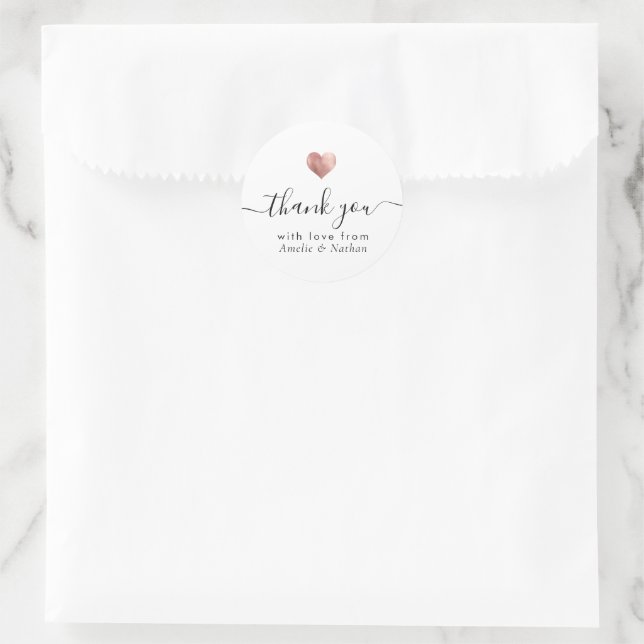 Modern Thank You Script Rose Gold Heart Wedding Classic Round Sticker (Bag)