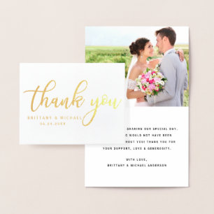 Modern Thank You Wedding Couple Photo Note B Gold Foil Card