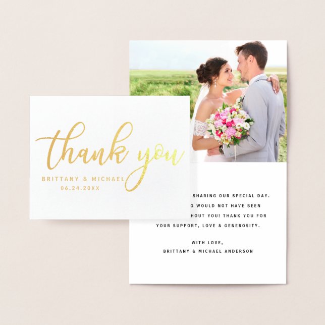 Modern Thank You Wedding Couple Photo Note B Gold Foil Card (Display)