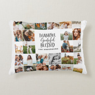 Modern thankful blessed multi photo script elegant accent pillow