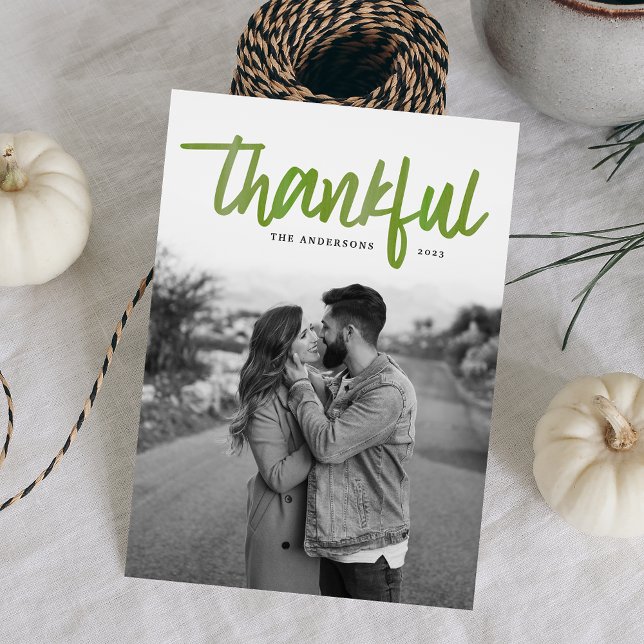 Modern Thankful Green Watercolor Script Photo Holiday Card (Creator Uploaded)