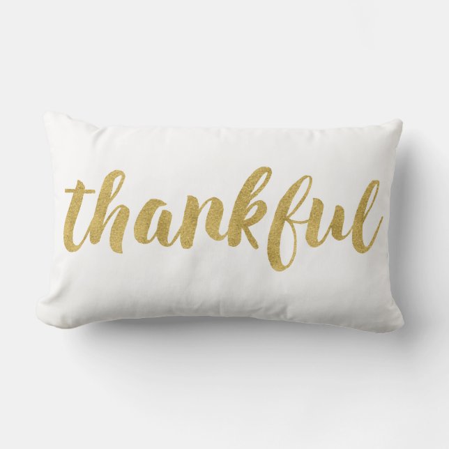 Modern Thankful In Gold Thanksgiving Decorative Lumbar Pillow (Front)