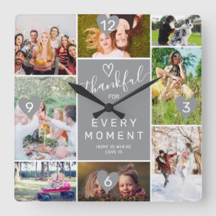 Modern thankful moment 8 photos collage grid grey square wall clock