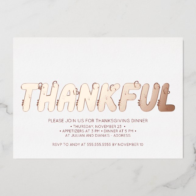 Modern Thankful Rose Gold Red Thanksgiving Dinner (Front)