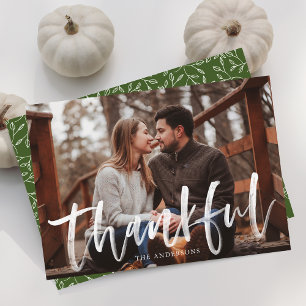 Modern Thankful Script Green Photo Thanksgiving Holiday Card
