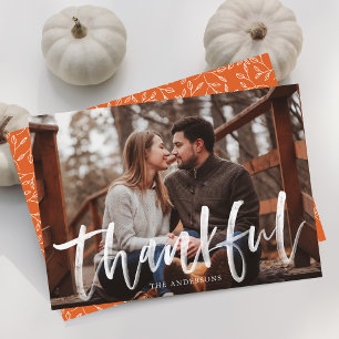 Modern Thankful Script Orange Photo Thanksgiving Holiday Card