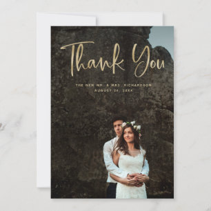 Modern Thanks   Faux Gold Script and Wedding Photo Thank You Card