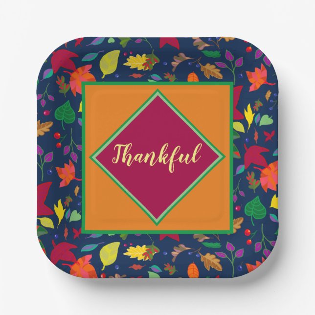 Modern Thanksgiving Colourful Leaf THANKFUL  Paper Plate (Front)