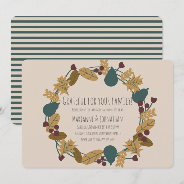 Modern Thanksgiving Dinner Grateful Wreath Invitation (Front/Back)