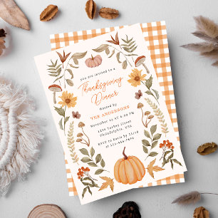 Modern Thanksgiving Dinner Pumpkin & Autumn Leaves Invitation