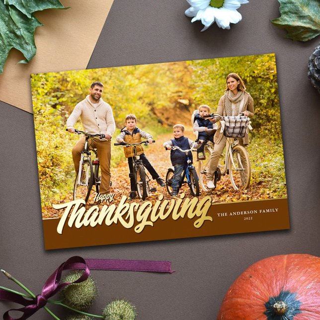Modern Thanksgiving Gold Foil Photo Foil Holiday Card (Creator Uploaded)