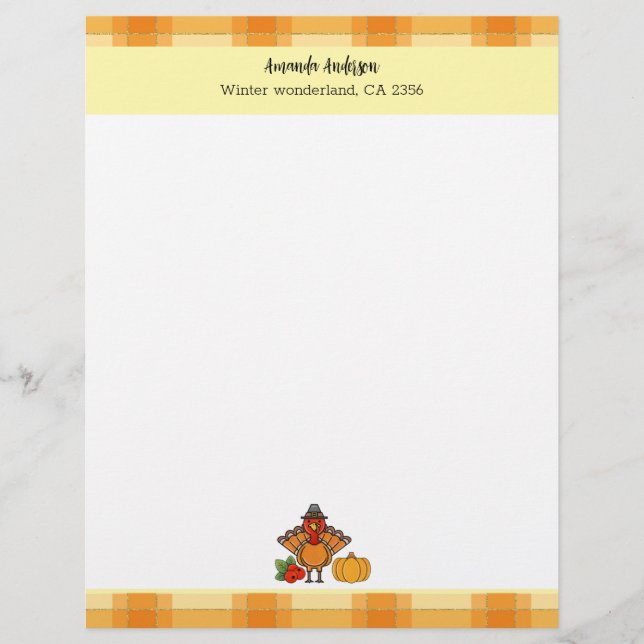 Modern Thanksgiving Turkey Pumpkin Orange Gingham  Letterhead (Front)
