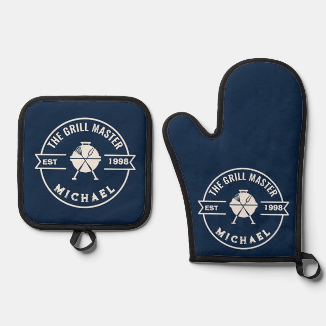 Modern The Grill Master Established Year Navy Blue Oven Mitt & Pot Holder Set (Front)
