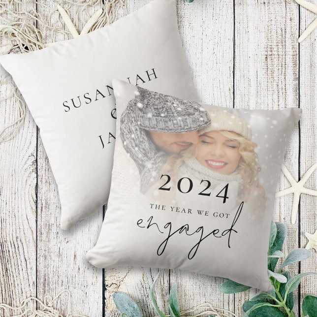 Modern The Year We Got Engaged Photo Overlay Throw Pillow (Front and back view)