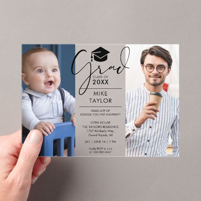 Modern Then And Now 2 Photo Graduation Party Acrylic Invitations (Insitu (Handheld))