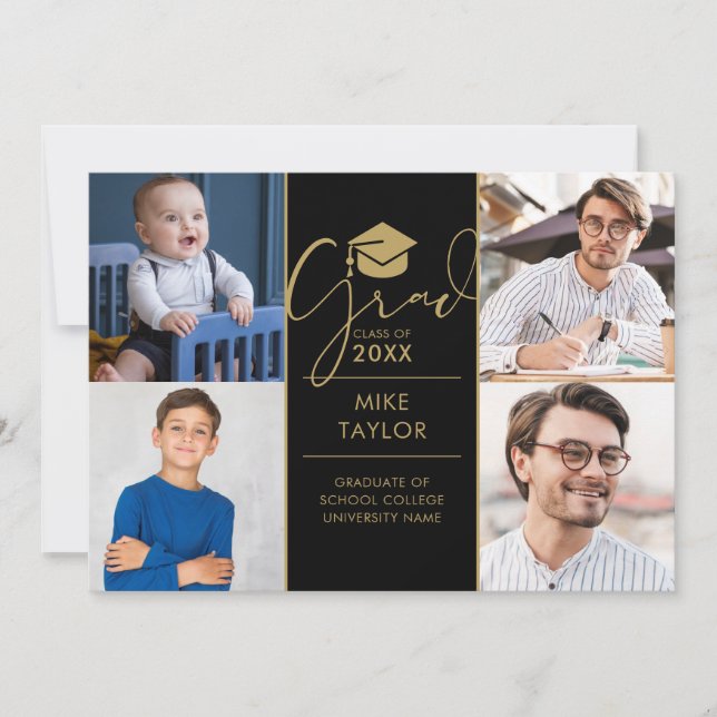 Modern Then And Now 4 Photo Graduation Party Invitation (Front)