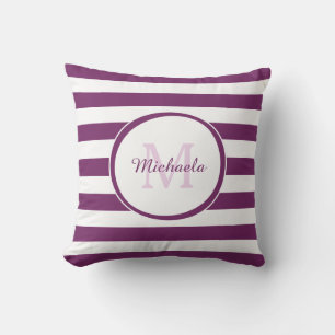 Modern Thick Stripes Monogram and Name in Purple Throw Pillow