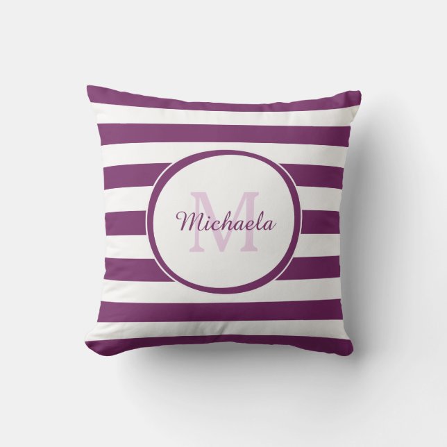 Modern Thick Stripes Monogram and Name in Purple Throw Pillow (Front)