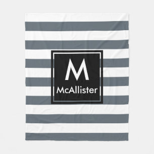 Modern Thick White Stripes Black Square Monogram Fleece Blanket