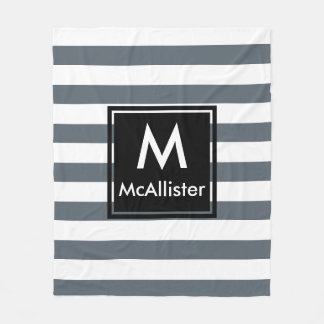 Modern Thick White Stripes Black Square Monogram Fleece Blanket