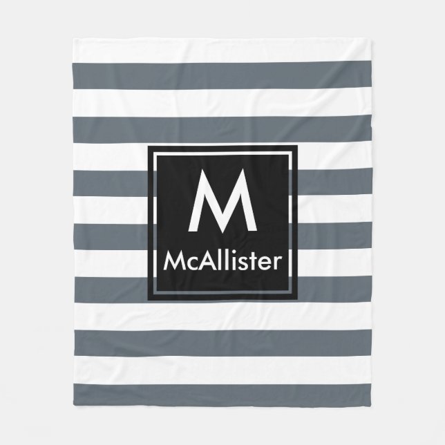Modern Thick White Stripes Black Square Monogram Fleece Blanket (Front)