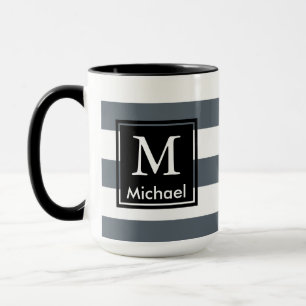 Modern Thick White Stripes Black Square Monogram Mug