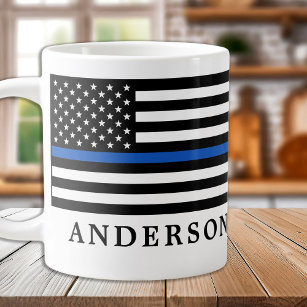 Modern Thin Blue Line Personalized Police Officer Large Coffee Mug