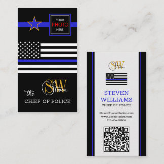Modern Thin Blue Line & QR Code, Photo / Monogram Business Card