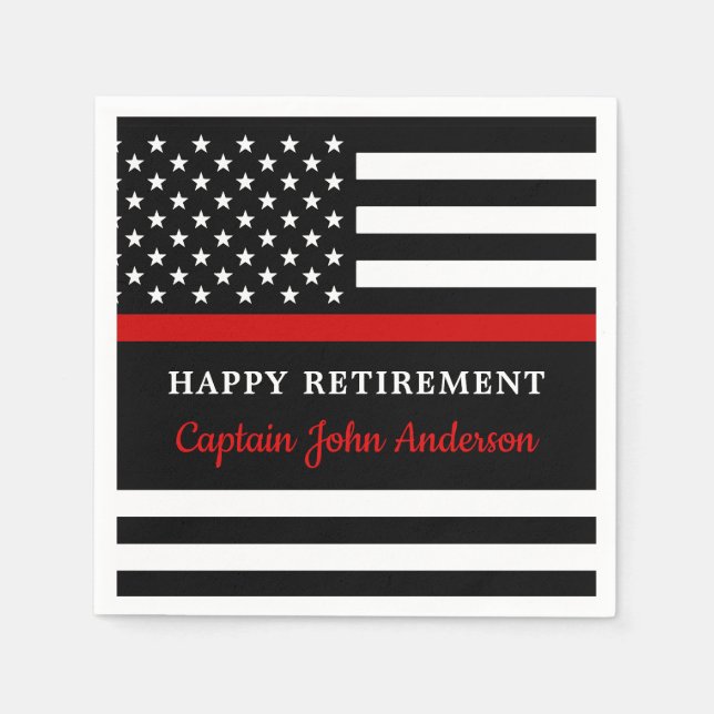 Modern Thin Red Line Firefighter Happy Retirement Napkin (Front)