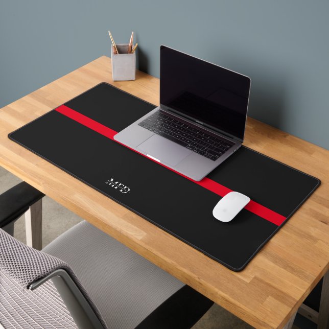 Modern Thin Red Line Firefighter Monogram Initials Desk Mat (Office 2)