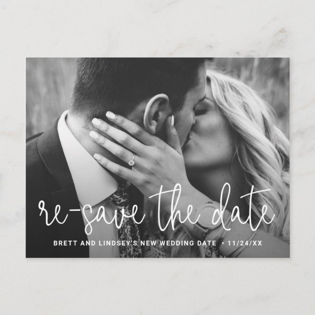 Modern Thin Script Photo Wedding Postponement Announcement Postcard (Front)
