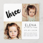 Modern THREE 3rd Birthday Boy Girl Photo Card<br><div class="desc">Trendy, modern, sleek, simple black and white design featuring stunning designer typography.. Make your own personalized number 3, 3RD birthday anniversary photo standard printed invites. Template includes space for you to add 3 photos of the birthday boy/girl. To change the photo's to your own simply click on the personalize area...</div>