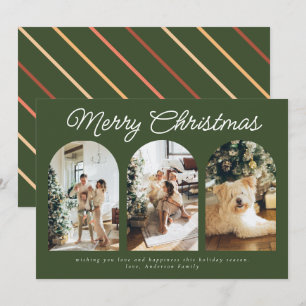 Modern Three Arch Curve Photo Christmas Green Holiday Card