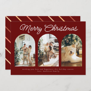 Modern Three Arch Curve Photo Christmas Script Red Holiday Card