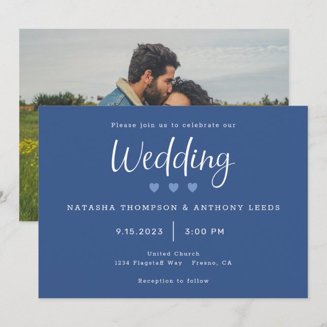 Modern Three Blue Hearts Photo Wedding Invitation (Front/Back)