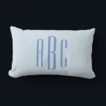 Modern Three Letter Monogram Light Blue Lumbar Pillow<br><div class="desc">Modern cornflower blue First Last Middle or wedding style three letter monogram design in a stylish bold all caps font.
Customize the pale blue background to match your business or favourite bright colour.
You can adjust the letter spacing or font size and style on the back.</div>