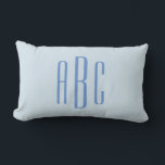 Modern Three Letter Monogram Light Blue Lumbar Pillow<br><div class="desc">Modern cornflower blue First Last Middle or wedding style three letter monogram design in a stylish bold all caps font.
Customize the pale blue background to match your business or favourite bright colour.
You can adjust the letter spacing or font size and style on the back.</div>