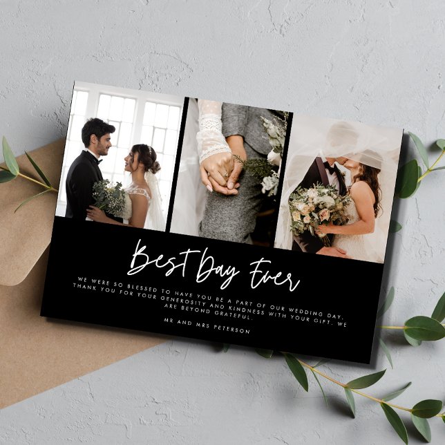 Modern Three Photo Black White Wedding Thank You Card (Creator Uploaded)
